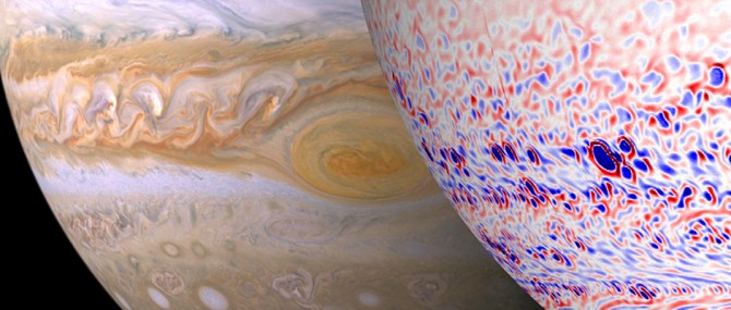 NASA가 촬영한 목성의 실제 사진(왼쪽)과 연구팀이 3D 시뮬레이션 모델로 구현한 목성 표면의 모습(오른쪽). 복잡한 제트기류의 움직임이 눈에 띈다. - 미국우주항공국(NASA), 앨버타대 제공